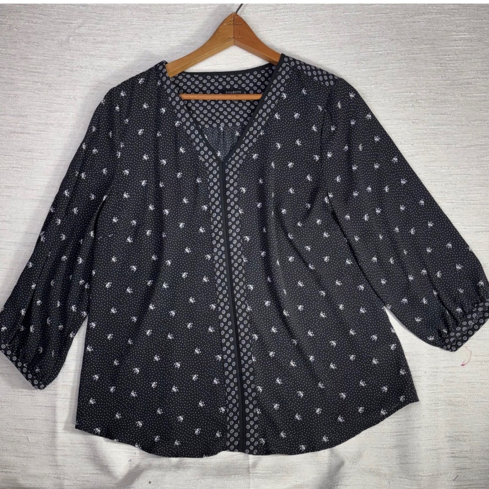 Talbots Womens L Black White Floral Polka Dot V-Neck 3/4 Sleeve Blouse Top